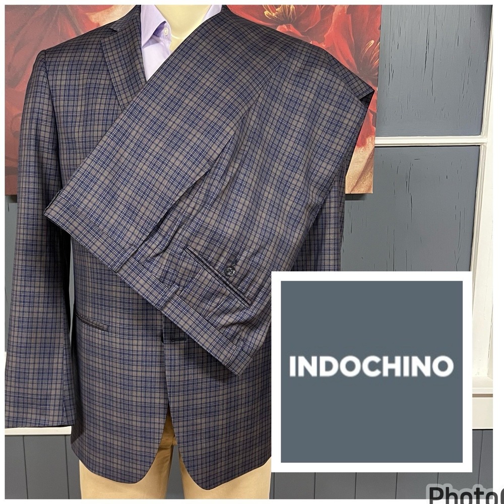 Indochino Custom Suit Mens 44R Modern Fit Wool Pants 36x29 Navy/Brown Checked‎